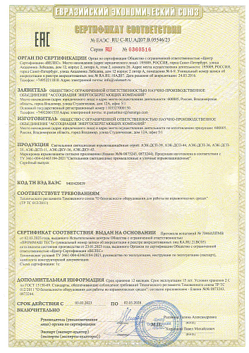 Сертификат на взрывозащищенные светильники 1Ex
